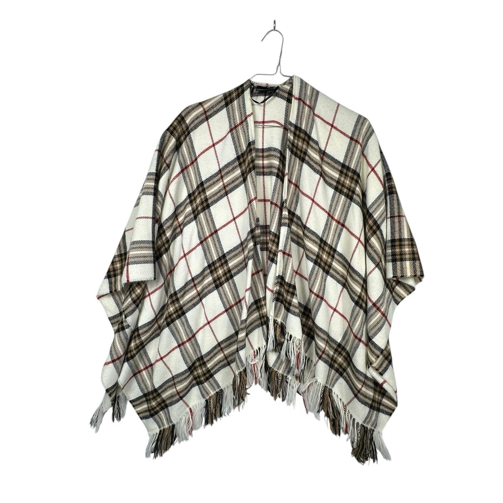 V FRAAS Women's Cape White Brown Red Plaid Fringe Shawl One Size 25" Length